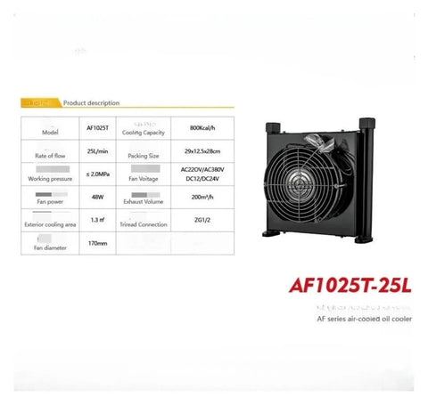 Hydraulic Oil Cooler For CNC Lathe Oil Pump Air Cooled Heat Exchanger With 720 Kcal Per Hour Cooling 10 Liters Per Minute Flow 12V Power Workhorse Radiator For Wide Industrial Jobs alongside specifications chart