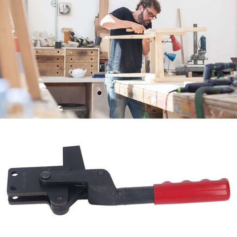 Beefy Heavy Duty Vertical Toggle Clamp 700kg Capacity with ergonomic handle, carbon steel, in workshop setting for machinery setup.