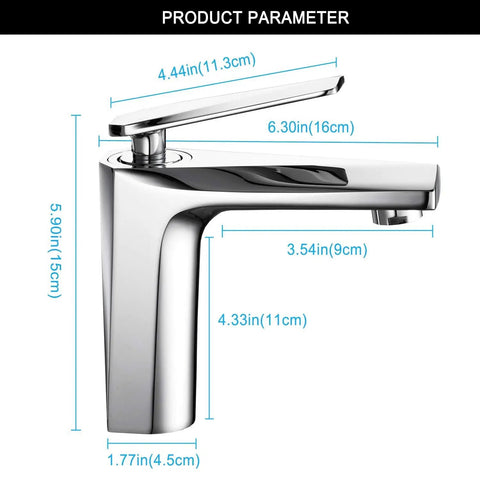 Solid Brass Bathroom Sink Faucet With Single Handle And Single Hole Design, Chrome Finish, Includes Supply Hose, side view with dimensions