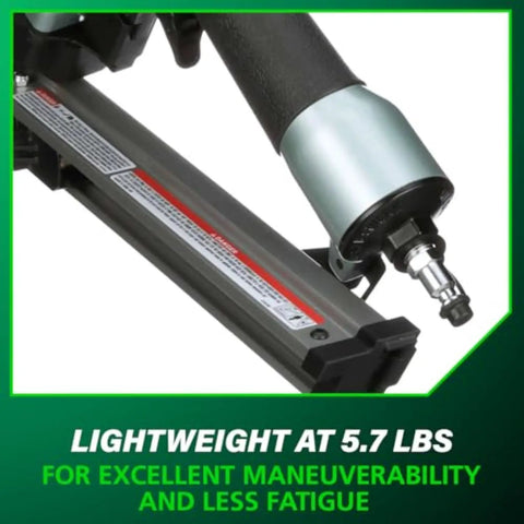 Strap-Tite Metal Connector Nailer Pro-Preferred Pneumatic Nail Gun, close-up of lightweight 5.7 lbs design, short magazine