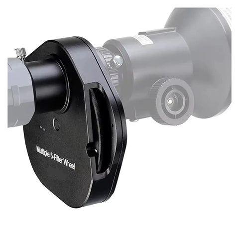 Pro Grade Telescope Filter Wheel All Metal Five Position Quick Swap For 1.25 Inch And 2 Inch Filters, attached to telescope