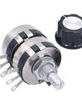 WTH118 2W 100K Ohm Dual Gang Carbon Film Potentiometer with A03 Knob for audio DIY projects, six terminals, top adjustment view
