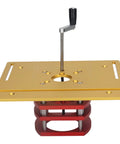 Beefed Up Router Lift Manual Kit For Router Table With Aluminum Base Plate And Crank Height Adjustment 9.45 By 7.87 Inch Table 51mm Stroke Gold Finish For Precise Woodworking And Small Trim Jobs, top view