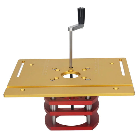 Beefed Up Router Lift Manual Kit For Router Table With Aluminum Base Plate And Crank Height Adjustment 9.45 By 7.87 Inch Table 51mm Stroke Gold Finish For Precise Woodworking And Small Trim Jobs, top view