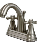 Old School English Vintage Center Set Lavatory Faucet in Brushed Nickel, two-handle with drip-free ceramic cartridge and pop-up drain.