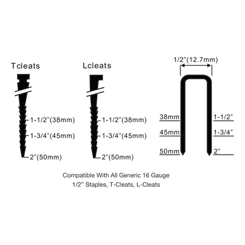 Diagram showing T-cleats, L-cleats, and 1/2 inch staples for the Three In One Pneumatic Flooring Nailer And Stapler For Tongue And Groove Hardwood.