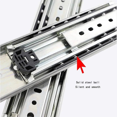 Heavy Duty Ball Bearing Drawer Slides Full Extension Three Section Track close-up of solid steel ball mechanism for smooth operation