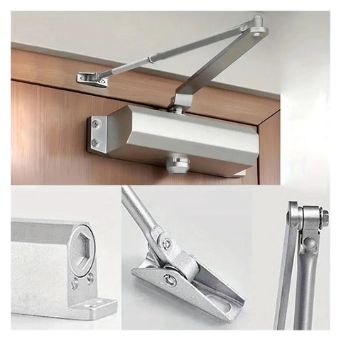 Commercial Door Closer For 55-143 Lbs Doors, No-Fuss Auto Close System installed on wooden door with close-up details