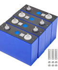 Straight Up Grade A LiFePO4 Battery Cell 100Ah 3.2V Deep Cycle Lithium Iron Phosphate Prismatic Module for Solar RV and Off Grid Projects with Heavy Hitter Power Draw and Built to Last Performance in blue with connectors.