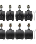 Front view: eight black omni-directional caster wheels with metal stems and nuts, including two wrenches