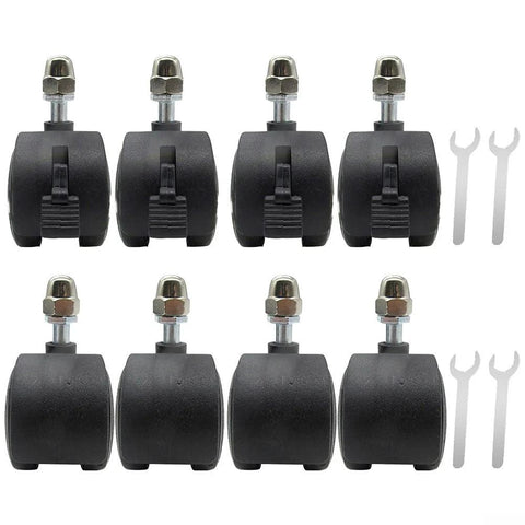 Front view: eight black omni-directional caster wheels with metal stems and nuts, including two wrenches