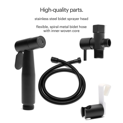 Matte Black Stainless Steel Handheld Bidet Sprayer Kit With Dual Spray Options, Spiral Metal Hose And Wall Holster Components