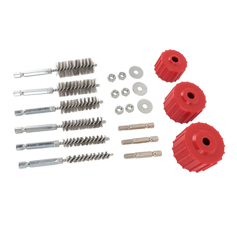 Power Drill Copper Pipe Cleaner Kit for half inch, three quarter inch, and one inch tubes with brushes, washers, and hex shank