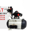 Built Tough At Type Double Acting Pneumatic Actuator Cylinder For Automated Doors With Plug And Play Solenoid Valve Manifold Filter Regulator And Zero Hassle Brackets, showcasing the manifold valve and regulator assembly.
