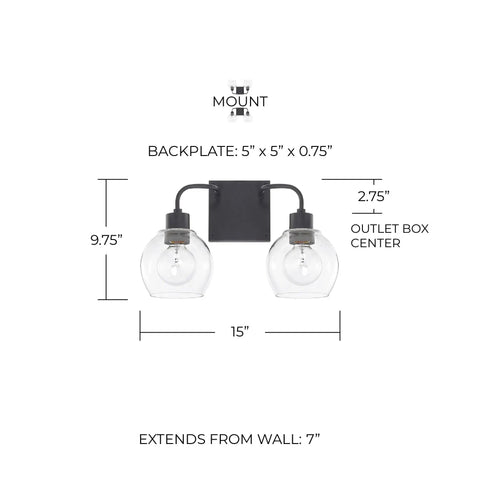 Tanner Urban Industrial Clear Glass Bathroom Vanity Wall Light Two Light Matte Black Finish 10 Inch High by 15 Inch Wide