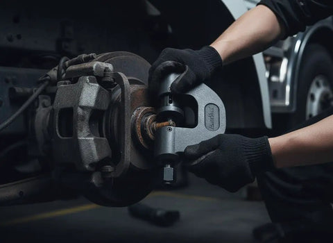 Pro Grade Brake Clevis Pin Press Tool used on semi truck brake system by technician wearing gloves. Fits Kenworth Peterbilt Freightliner Mack.