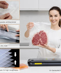 Heavy Duty Vacuum Sealer Bags 8x12 Inches 110 Count for Food Freshness BPA Free Storage shown sealing steak and food items.