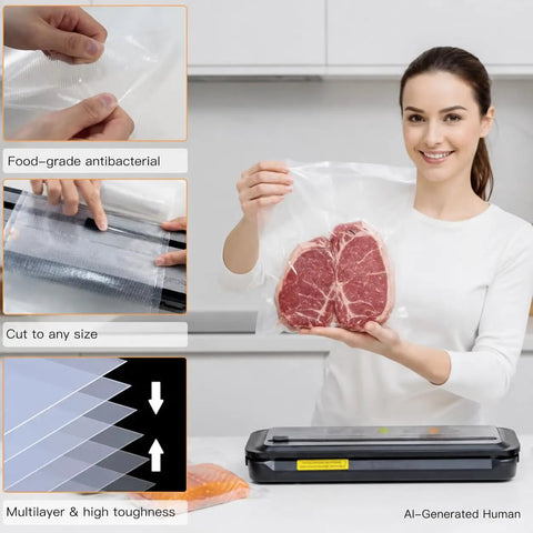 Heavy Duty Vacuum Sealer Bags 8x12 Inches 110 Count for Food Freshness BPA Free Storage shown sealing steak and food items.