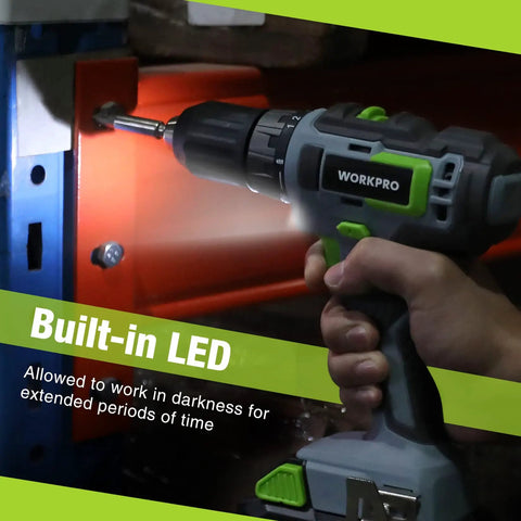 20V Cordless Power Drill Driver Kit with built-in LED light drilling into metal surface in low-light setting