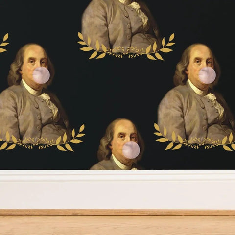 Benjamin Franklin Pvc Free Vintage Hero Wallpaper featuring portraits blowing bubbles with a rustic border, 2ft by 27ft.