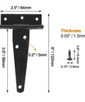 Eight 4-Inch T-Strap Door Hinges With Mounting Screws, displayed with dimensions, heavy-duty iron for barns, gates, and sheds