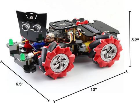 Angled front view of LK COKOINO 4WD smart car robot kit with red mecanum wheels and exposed Arduino electronics