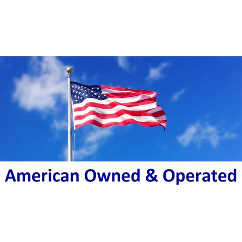 American flag waving under blue sky with 'American Owned & Operated' text at the bottom.