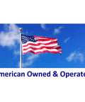 American flag waving with text 'American Owned & Operated' on a blue sky background