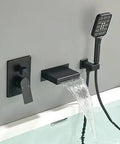 Super Stylish Matte Black Wall Mount Waterfall Bathtub Faucet With Sprayer Tub Filler Shower Set Including Rough In Valve Trim Kit Perfect For Modern Bathroom Makeover, showing water flow from faucet.