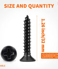 Pro Level No Hassle No 8 X 1-1/4 Black Oxide Flat Head Phillips Wood Screws 100 Pack showing dimensions and design.