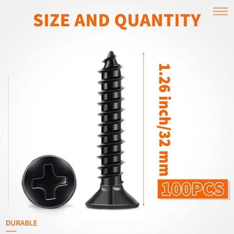 Pro Level No Hassle No 8 X 1-1/4 Black Oxide Flat Head Phillips Wood Screws 100 Pack showing dimensions and design.