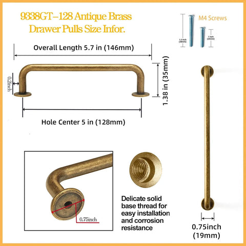 Six Pack Antique Brass Cabinet Pulls Zinc Alloy Hardware For Drawer Kitchen Cupboard 5.04 Inch Center To Center Vintage Bronze Bar