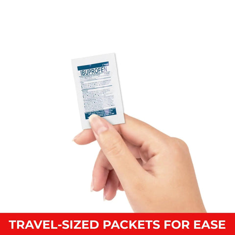 Close-up of individual Ibuprofen packet from Travel RX Medicine Kit Bulk Travel Kit With Individually Wrapped Medications For Indigestion.