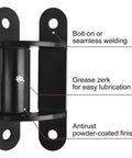 Joytrace 7-inch gate hinge, carbon steel, black powder-coated finish, close-up view