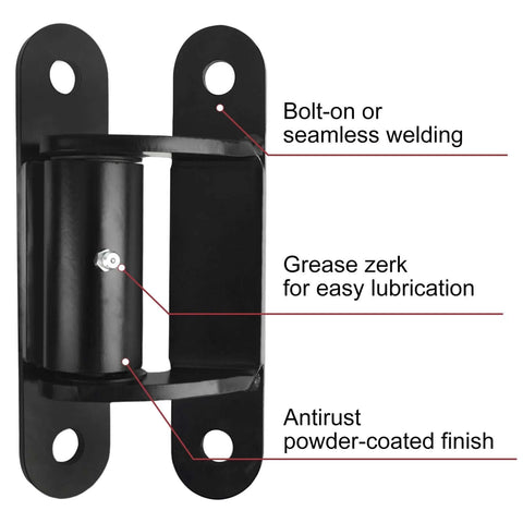 Joytrace 7-inch gate hinge, carbon steel, black powder-coated finish, close-up view