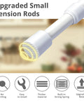 Close-up of the tip of two-pack small tension rods 12 to 20 inch adjustable spring curtain rods for closets cabinets cupboards drawers white.