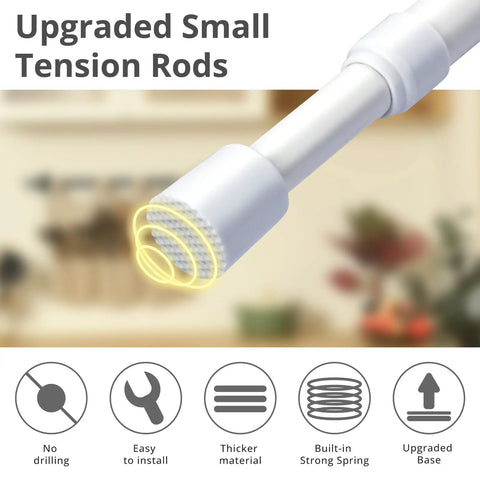 Close-up of the tip of two-pack small tension rods 12 to 20 inch adjustable spring curtain rods for closets cabinets cupboards drawers white.