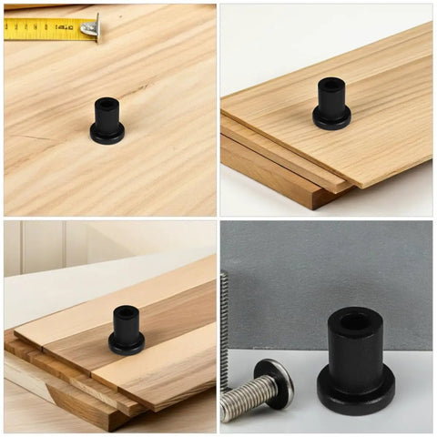 Three Piece Barn Door Track Spacers Kit in carbon steel with sliding hardware and track sleeve design on wood surface