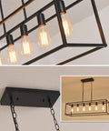 Close-up of 6 Light Rectangle Black Pendant Chandelier with Adjustable Stems, open bulb design hanging on ceiling.