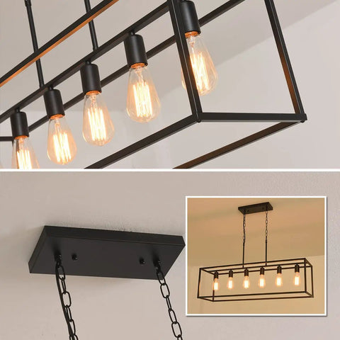 Close-up of 6 Light Rectangle Black Pendant Chandelier with Adjustable Stems, open bulb design hanging on ceiling.