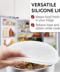 Silicone lid being placed on a dish, in front of an open fridge, with benefits of 8-Quart Silicone Pressure Cooker Lid Cover For IP-DUO80 shown.