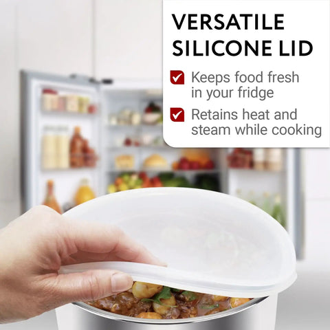 Silicone lid being placed on a dish, in front of an open fridge, with benefits of 8-Quart Silicone Pressure Cooker Lid Cover For IP-DUO80 shown.