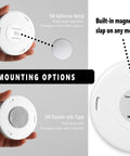 Three Pack Touch Activated LED Night Lights Battery Powered No Wires Needed 5000K Cool White 36 Lumen Per Lamp Uses 3 AAA Batteries Not Included For Closet Cabinet Bedroom Kitchen Stairs Wall Magnetic Mount showing mounting options with adhesive tape and magnet