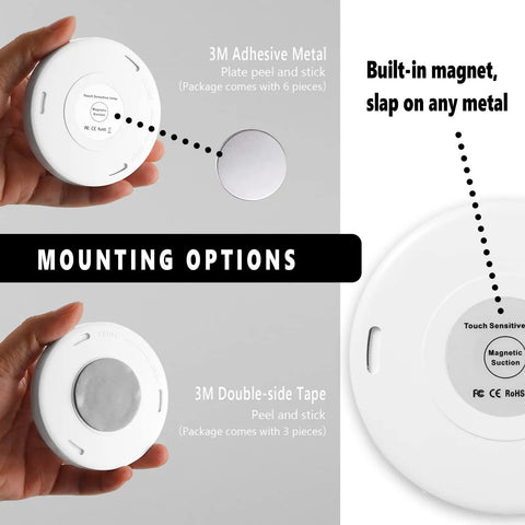 Three Pack Touch Activated LED Night Lights Battery Powered No Wires Needed 5000K Cool White 36 Lumen Per Lamp Uses 3 AAA Batteries Not Included For Closet Cabinet Bedroom Kitchen Stairs Wall Magnetic Mount showing mounting options with adhesive tape and magnet