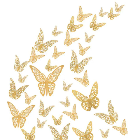 3D Butterfly Wall Decor Set Featuring Gold, Rose Gold And Silver Butterflies Perfect For Cake Decorating, Party And Wedding Decor Includes 72 Pieces With Double Sided Adhesive Dots For Quick, Standout Accents; gold butterflies close-up