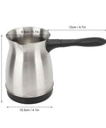 Electric Coffee Pot With Ergonomic Handle 600 Milliliter Stainless Steel Turkish Coffee Maker Kettle Delivers Barista Vibes For 5 to 6 Cups Fast 110V US Plug Multi Purpose For Coffee Tea Milk At Home side view with dimensions