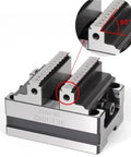 Built Tough Heavy Duty CNC Vise With Four Five Axis Turntable Fixture Self Centering Design for detailed showing of precision jaws.