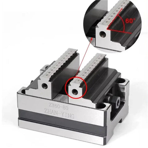 Built Tough Heavy Duty CNC Vise With Four Five Axis Turntable Fixture Self Centering Design for detailed showing of precision jaws.