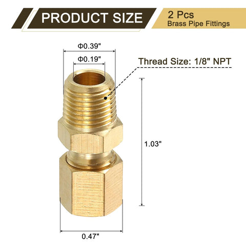 Brass pipe fittings, 2 pcs, 1/8 NPT male compression union, straight adapter for 3/16 in tubing