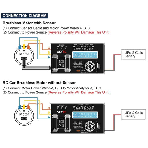 Connection diagram for Must Have Brushless Motor Analyzer For RC Hobbyists, KV And RPM Measurement, Timing Check, Hall Sensor Test, Current Draw Monitoring, Vibration And Noise Analysis, A Solid Brushless Motor Tester With A Clear 2x16 LCD Display, showing connections for motors with and without sensors.